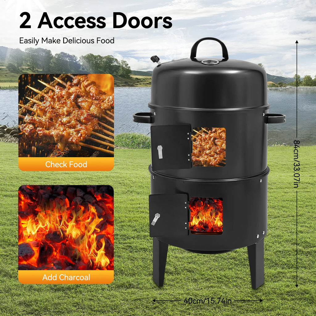 84cm Barrel Style Charcoal BBQ Smoker Grill, Built-in Thermometer Outdoor Smoking Oven, Ideal for Grilling Meat,Chicken Wings