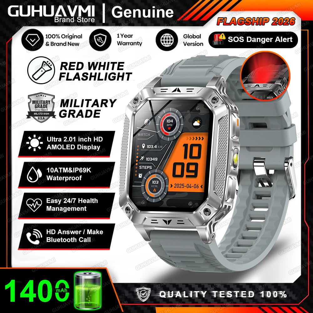 2026 New Military Grade 1400mAh Battery Smart Watch GPS Tracks 5ATMWaterproof Flashlight Heart Rate 2.1" Durable Smartwatch Men