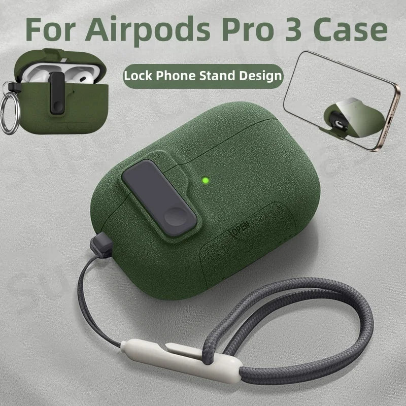 2025 For AirPods Pro 3 Case with Secure Lock & Lanyard For AirPods Pro3 Case Protective Cover with Phone Stand For AirPods Pro 3