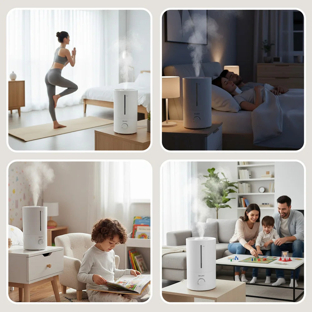 ROUNY Air Humidifier, 4L Large Capacity Ultrasonic Humidifier with Low Water Protection, 360° & Quiet & BPA-Free, White