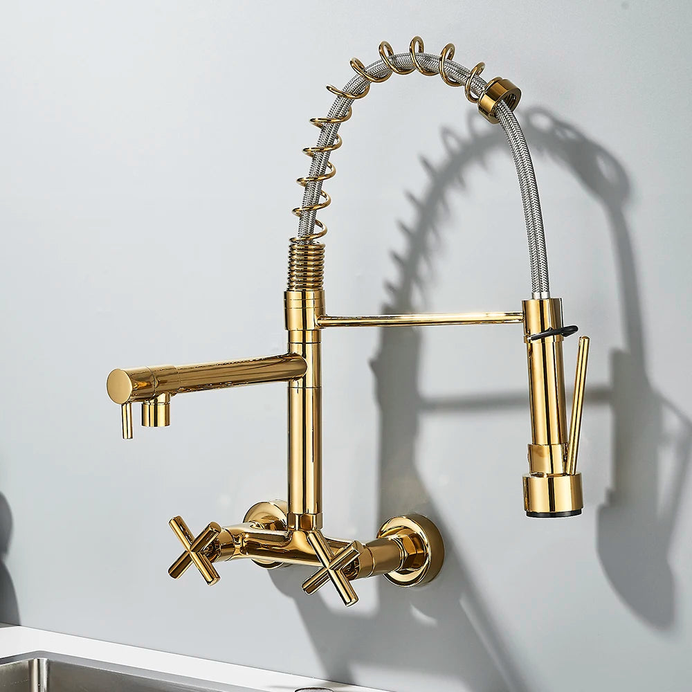 Gold Black Kitchen Faucet Wall Mount Pull Down Tap Vessel Sink Hot Cold Water Mixer Tap Spring Dual Swivel Spouts Sink Crane