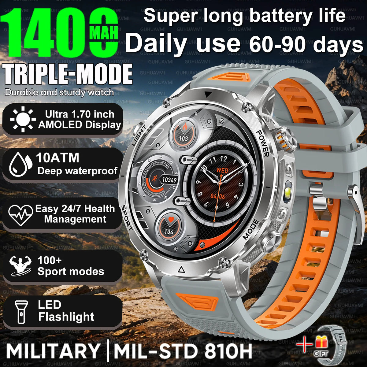2026 Hot New 1400mAh Extra-Large Battery SmartWatch Men Military Outdoor SOS Flashlight  Waterproof Heart Rate Sports Smartwatch