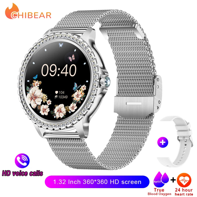 2026 New Fashion Women Diamond Watch 1.32 inch 360*360 HD Display Heart Rate Blood Oxygen Monitoring Bluetooth Call Smartwatch