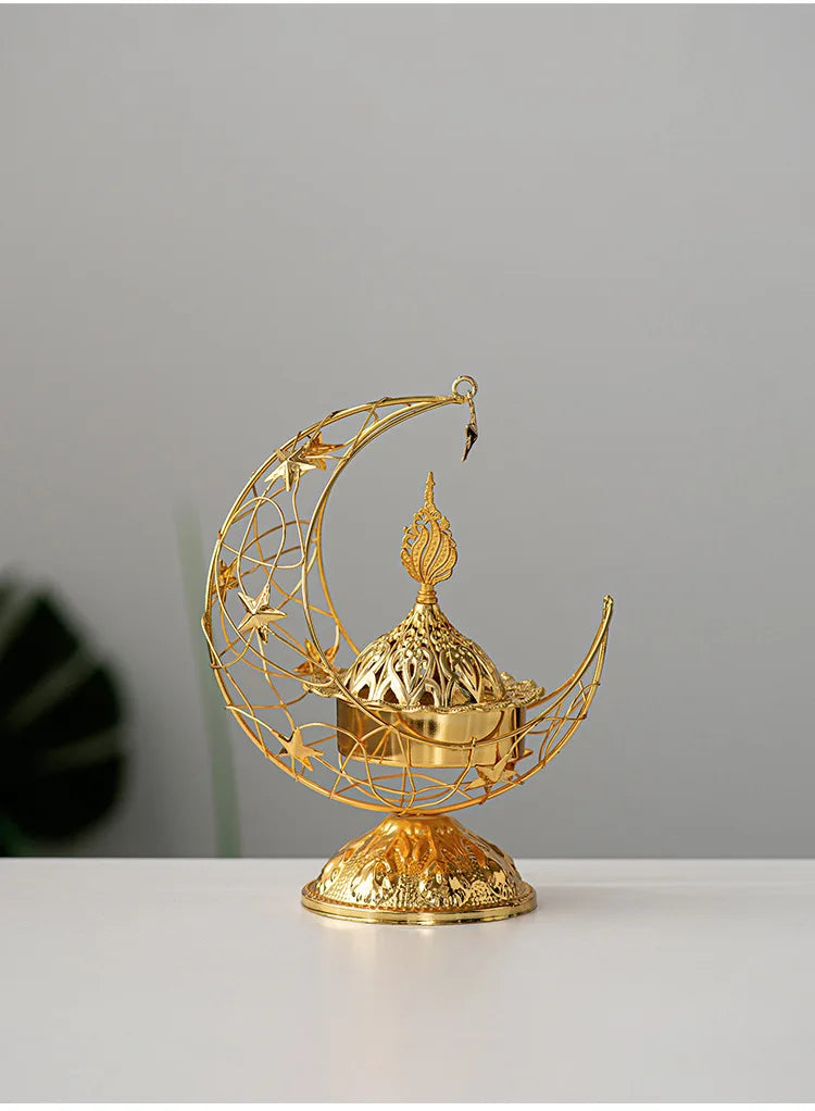 Middle Eastern Hand-held Crescent Metal Incense Burner Golden Living Room Tabletop Incense Burners Arabic Ornament