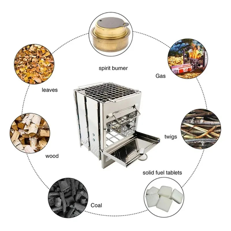 Square Wood Burning Camping Stove Outdoor Survival BBQ Mini Grill BBQ Outdoor Camping Firewood Folding BBQ Picnic Stove