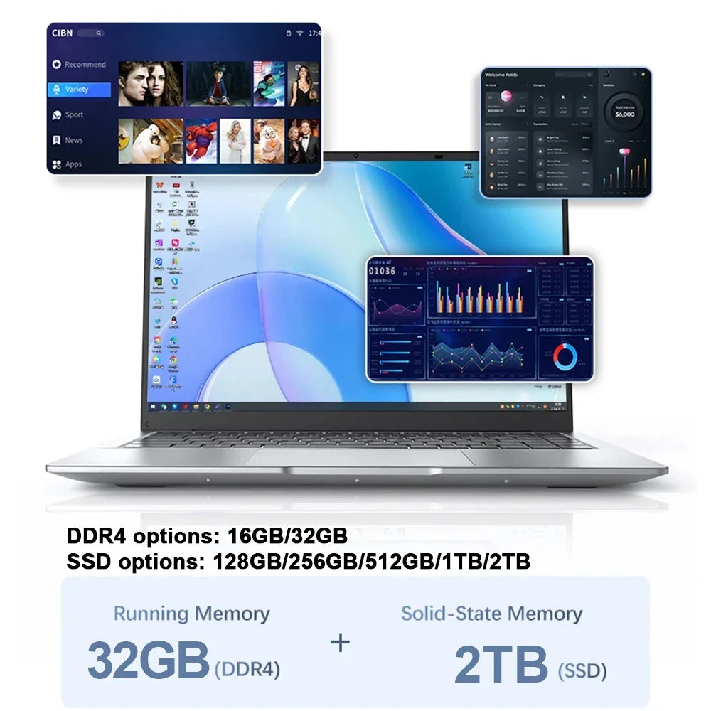 Windows 11 Smooth System Ultra Thin Laptop 14.1 Inch I9-9880H 16GB 32GB RAM Portable Working Notebook