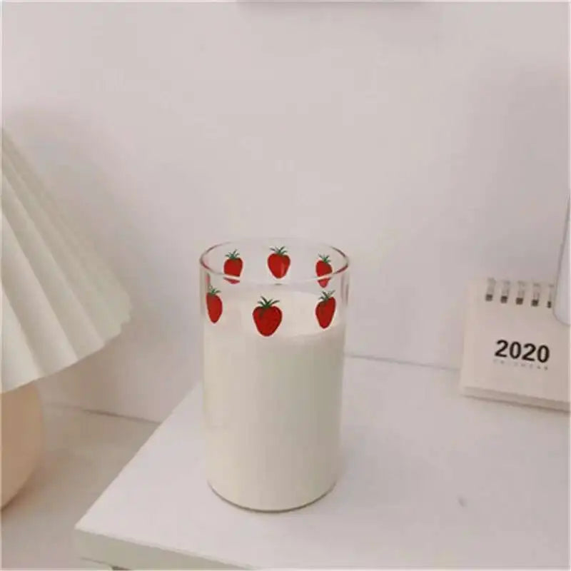 300 ML High Borosilicate Nana Cute Strawberry Water Milk Drinking Glasses Cup with Straw Upgrade Thickened Version Gift