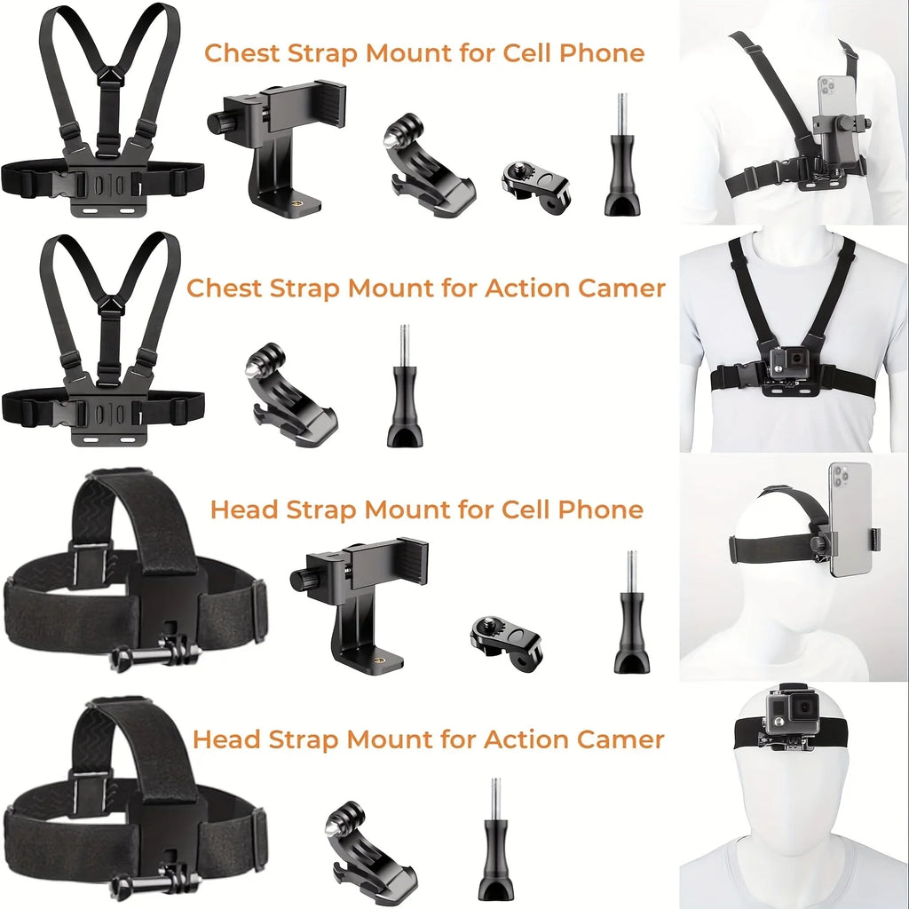 Adjustable Headband And Chest Band Shooting Stand for Mobile Phones And Action Cameras Compatible with GoPro DJI And More