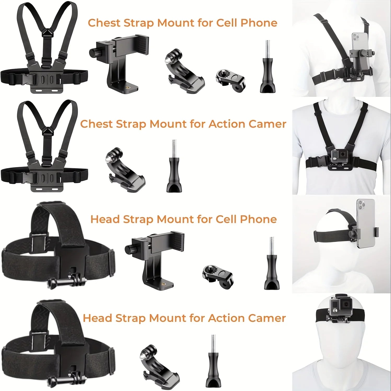 Adjustable Headband And Chest Band Shooting Stand for Mobile Phones And Action Cameras Compatible with GoPro DJI And More