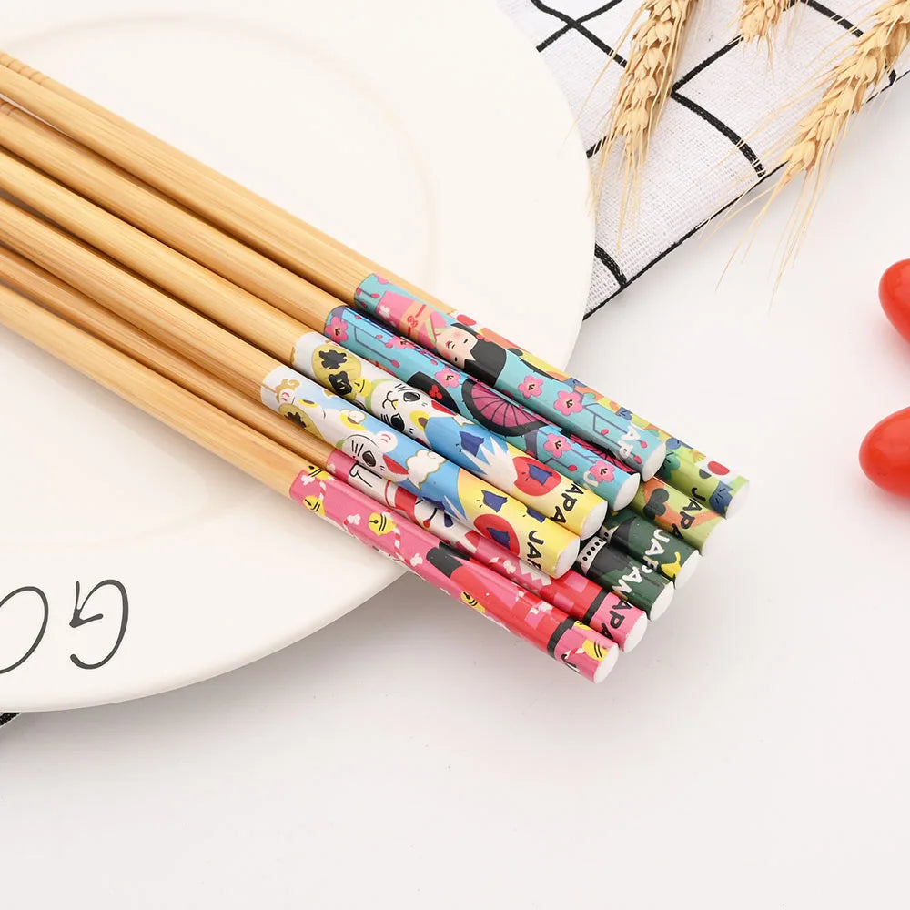 Reusable 5Pairs Tableware Handmade Bamboo Japanese Natural Wood Chopsticks Sushi Food Cat Flower Multi Color Wooden Chop Sticks
