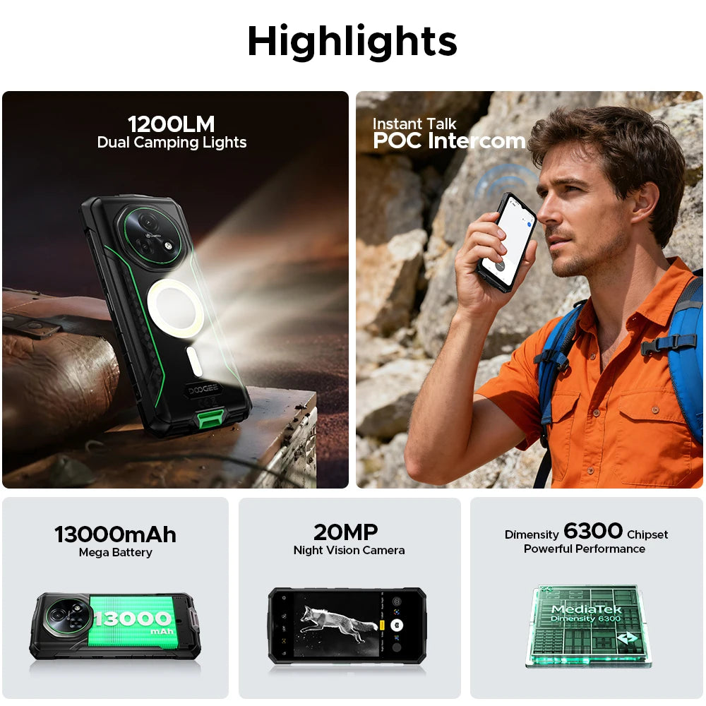 DOOGEE Fire 7 Pro Rugged Phone Dual Camping Lights Support Push-to-Talk Over Cellular 13000mAh Battery Android 15 Smartphone