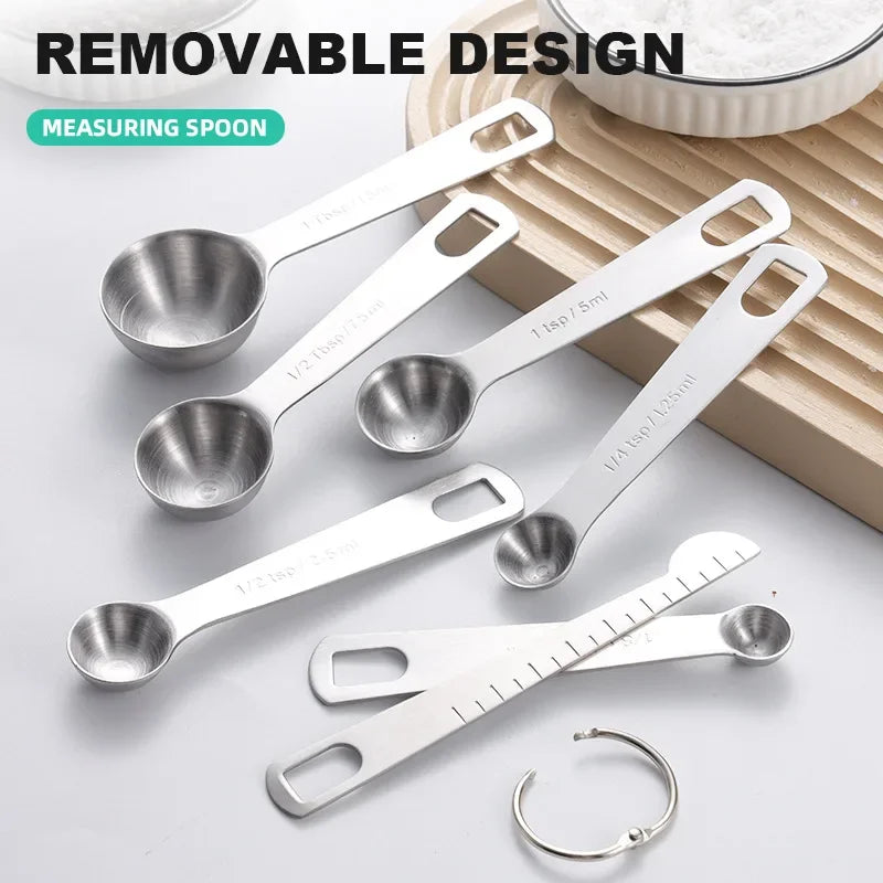 Stainless Steel Measuring Spoon 4/6/7/8 Pcs Set with Scale Measuring Ruler Spoons Coffee Baking Measuring Kitchen Tool Set