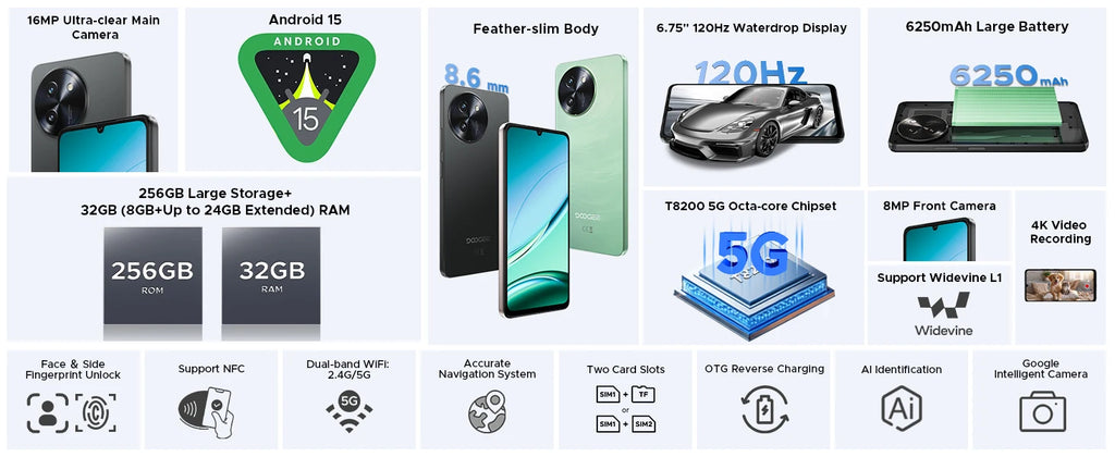 DOOGEE Note59 Pro 5G Smartphone Android 15 6.75" 120Hz Display 32GB(8+24) 256GB 6250mAh Battery Widevine L1 NFC Cellphone