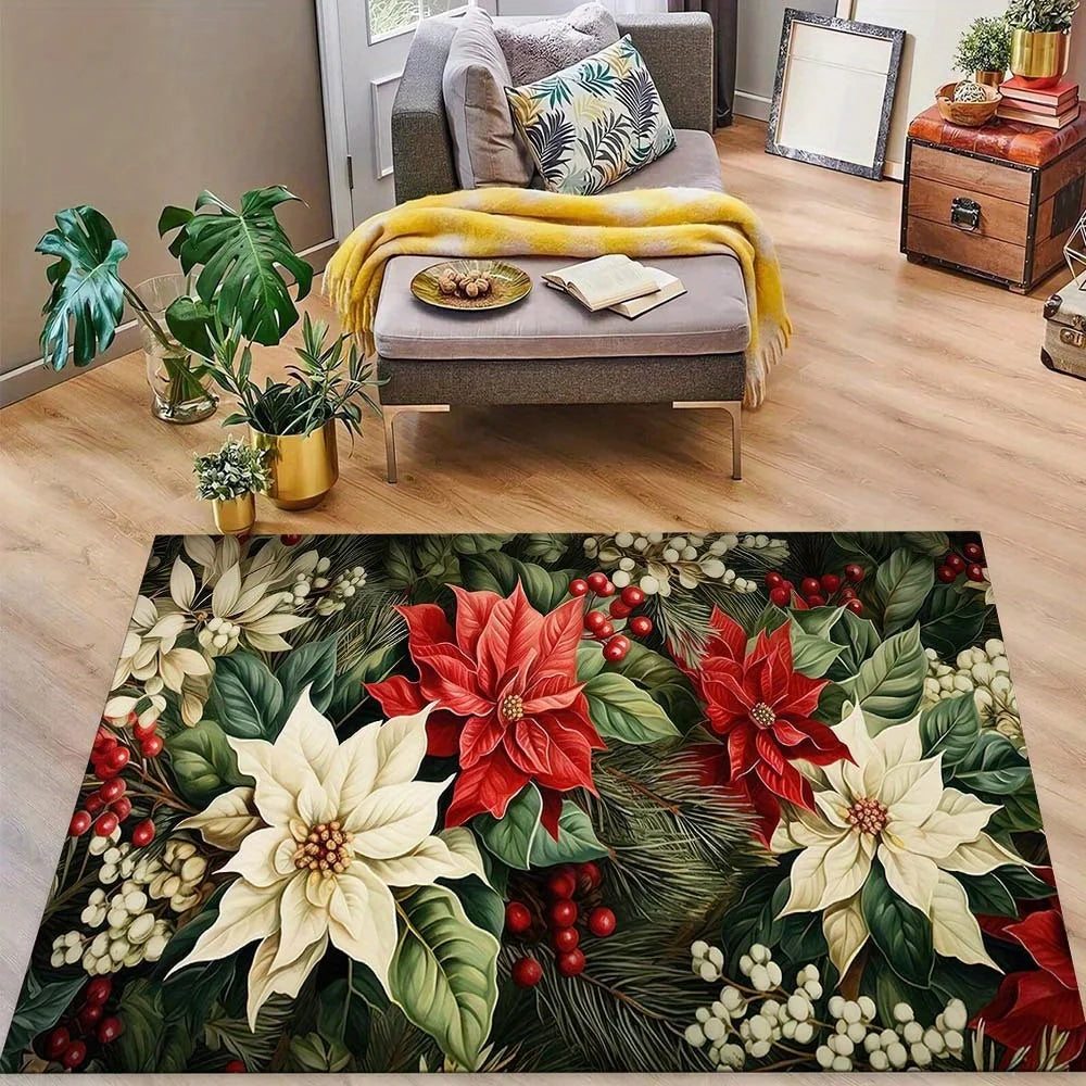 1pc Poinsettia Christmas Decorative Area Mat  Crystal Velvet,  Thick, Large Size  Vibrant Red & White Flo