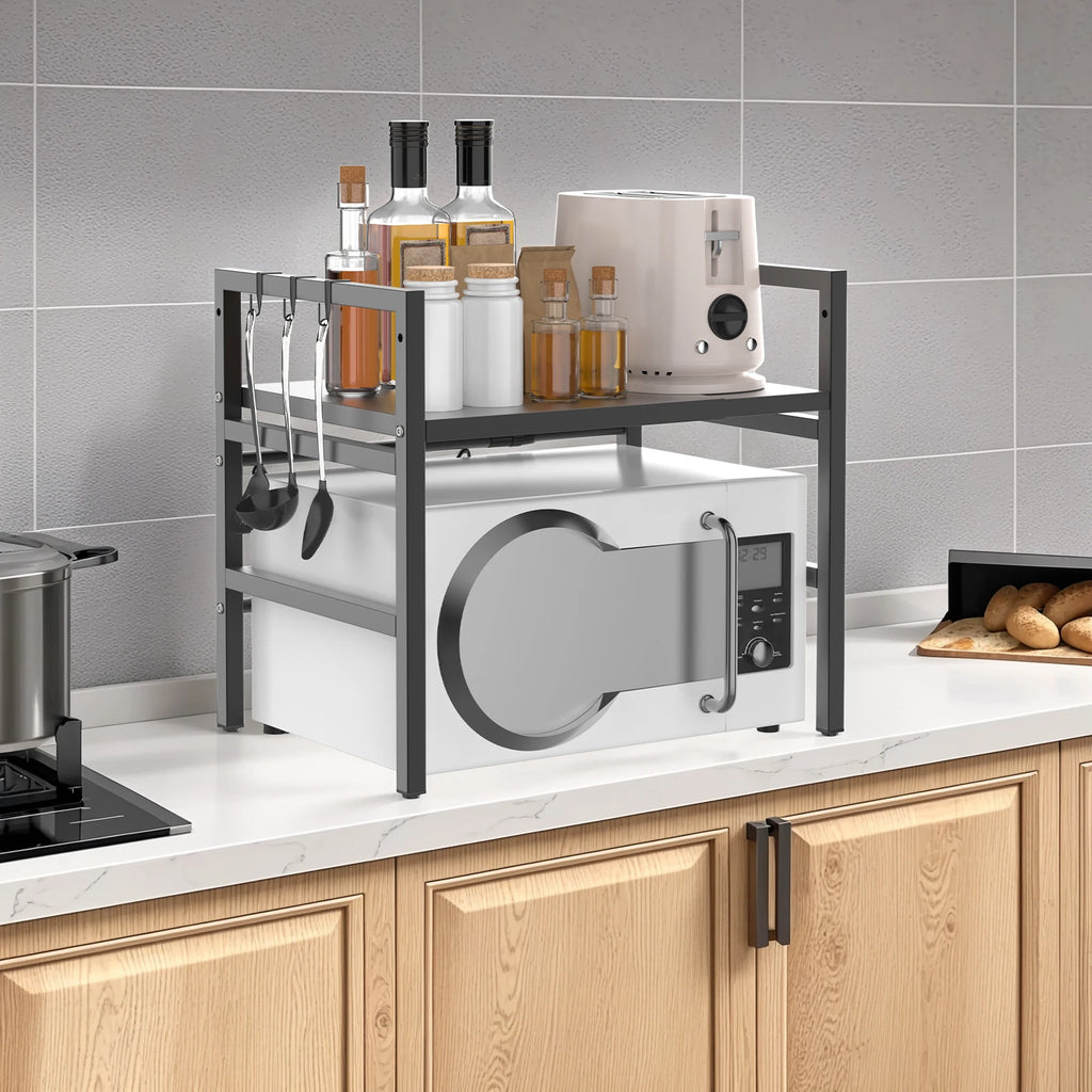 Expandable Microwave Rack, 2 Tier Microwave Rack with 6 Hooks, Microwave Rack, Baking Rack, Kitchen Countertop Organiser