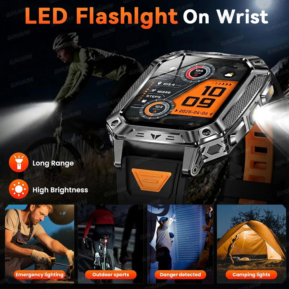 2026 Outdoors Durable Men Sports Smart Watch 1400mAh Battery LED Flashlight IP69K Waterproof Bluetooth Call Military Smartwatchs