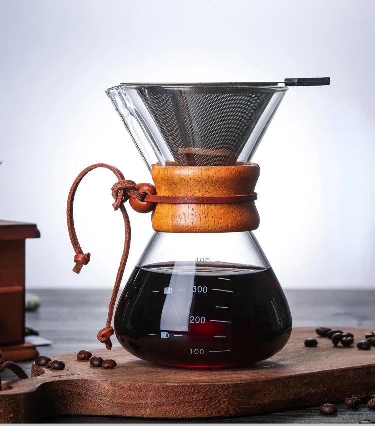 Hand Glass Coffee Kettle with Stainless Steel Filter Drip Brewing Hot Brewer Coffee Pot Dripper Barista Pour Over Coffee Maker