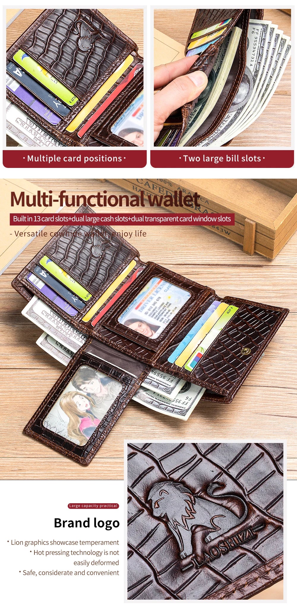 100%Leather men's wallet, leather short multi card bag, leather men's wallet, crocodile patterned wallet