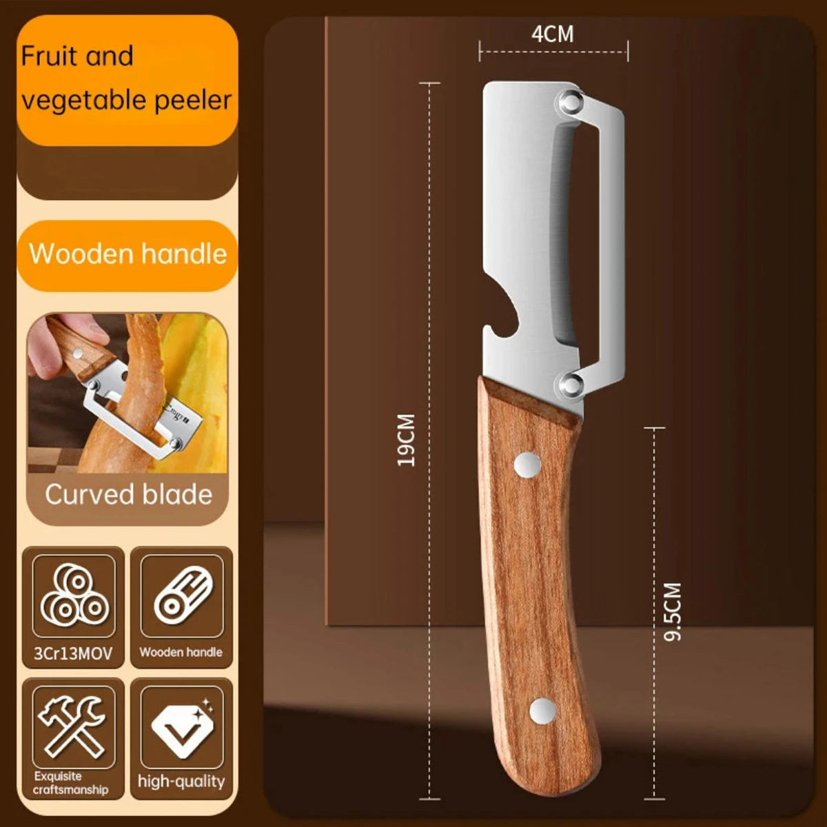 Stainless steel peeler with wooden handle for peeling and slicing fruits and vegetables | Durable and smooth operation