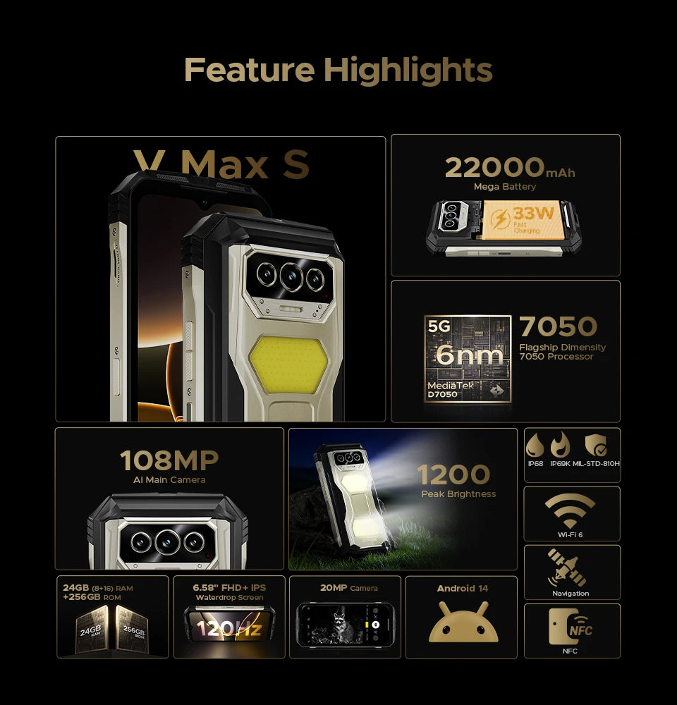 World Premiere DOOGEE V Max S 5G Rugged Phone Dual Camping Lights 22000mAh Battery 24GB(8+16) 256GB 108MP AI Camera Smartphone