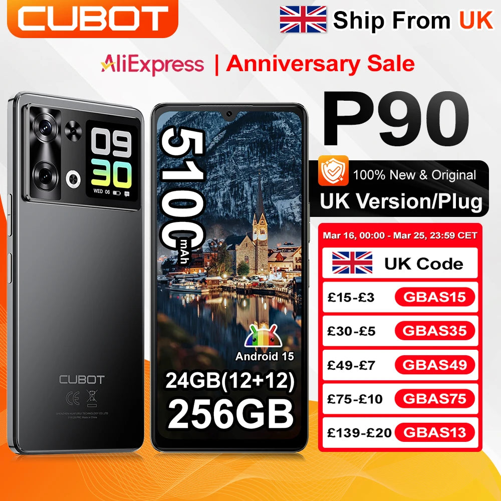 [Ship From UK] Cubot P90 Android 15 Smartphone 24GB(12+12) RAM 256GB ROM 6.88" 120Hz 64MP+16MP 5100mAh NFC Cellphones