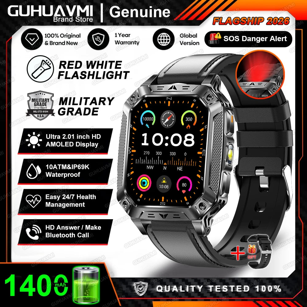 2026 New Military Grade 1400mAh Battery Smart Watch GPS Tracks 5ATMWaterproof Flashlight Heart Rate 2.1" Durable Smartwatch Men