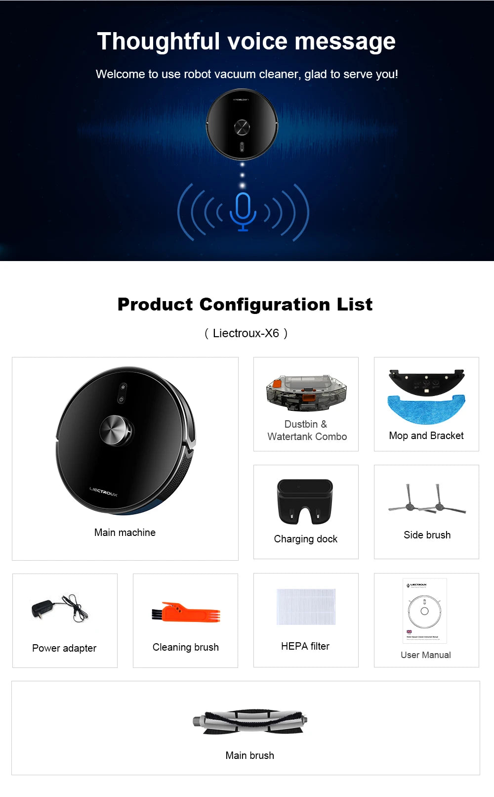 Robot Vacuum Cleaner Liectroux/Lilin X6, LDS Lidar Laser System,6500Pa,Multi-Floor Maps,Y Shape Wet Mop,Multilingual Voice