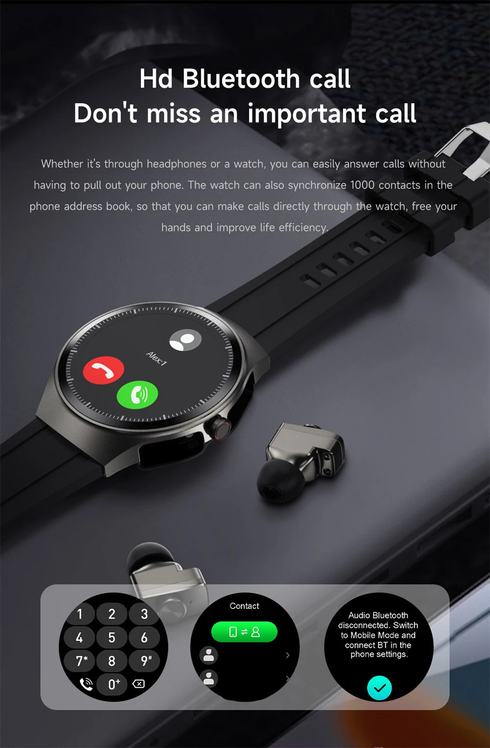 Music Smartwatch With Built-in Headphones Heart Rate Health Monitor 1.43-inch AMOLED HD Screen Men's Watch Women Sports Modes