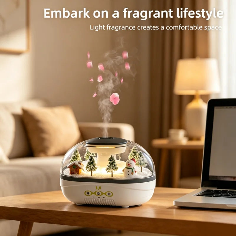 Snowman Landscape Aroma Humidifier with Colorful Light Essential Oil Diffuser Ultrasonic Raindrop Air Humidifier for Home Office