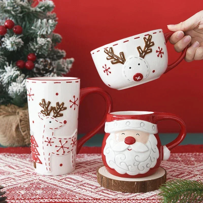 Christmas Ceramic Coffee Mug Santa Claus Mould Coffee Mug Elk Embossed Cup Breakfast Dessert Milk Mug for Kids Xmas Gift 2025