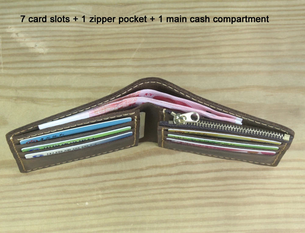Luxury Handmade Genuine Leather Men Wallet Bifold Purse Male Wallets Short Money Clip Vintage Leather Money Bag with zip pocket