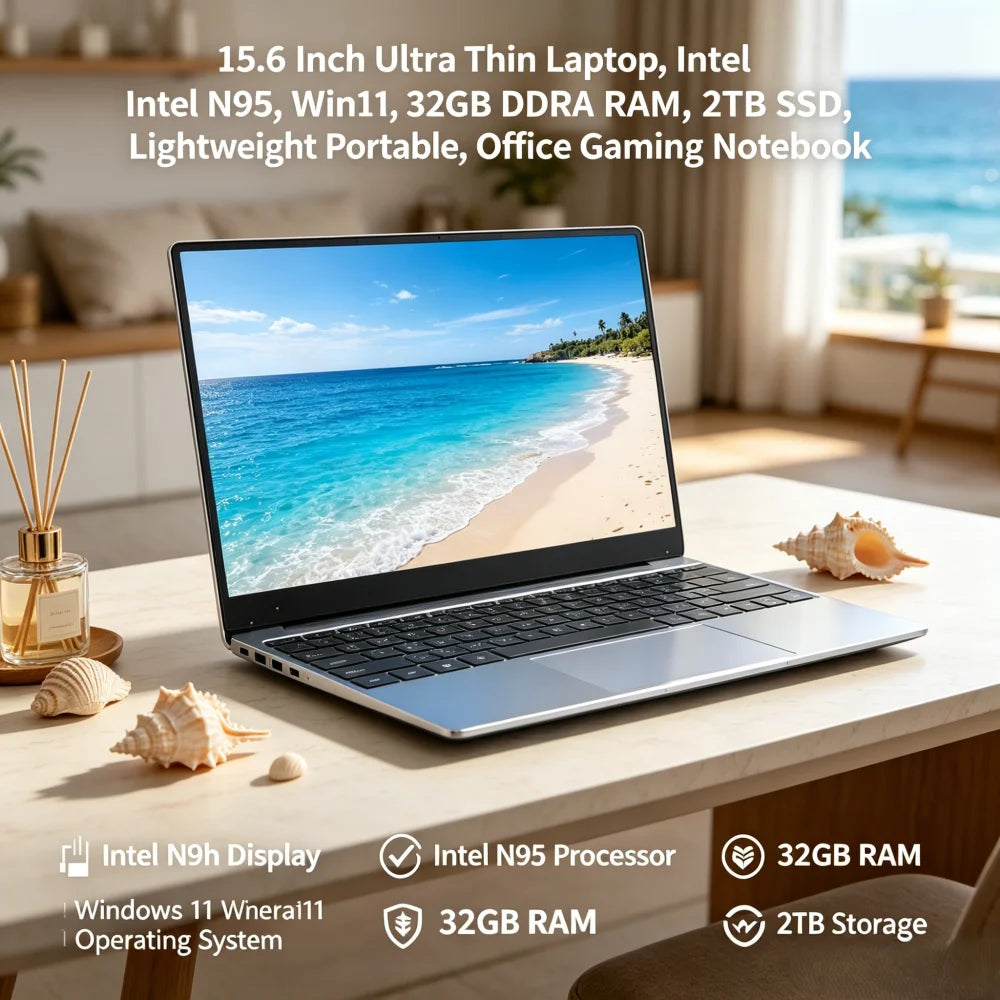 15.6 Inch Ultra Thin Laptop Intel N95 Win11 32GB DDR4 RAM 2TB SSD Lightweight Portable Office Gaming Notebook