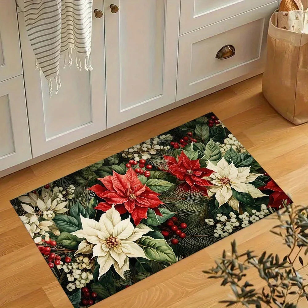 1pc Poinsettia Christmas Decorative Area Mat  Crystal Velvet,  Thick, Large Size  Vibrant Red & White Flo