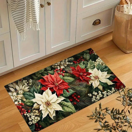 1pc Poinsettia Christmas Decorative Area Mat  Crystal Velvet,  Thick, Large Size  Vibrant Red & White Flo