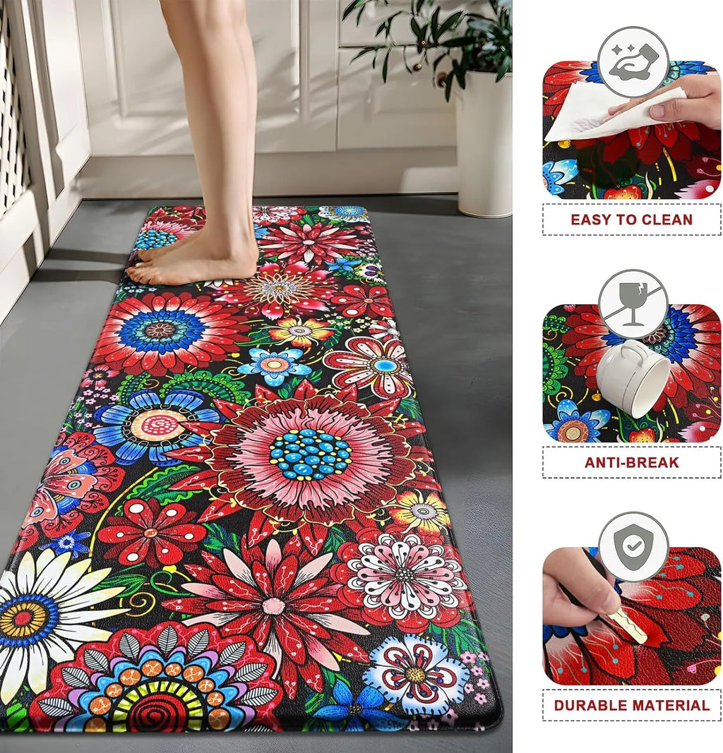 Boho Floral Kitchen Runner Rug, Non-Slip Washable Floor Mat with Colorful Flower Art Print for Kitchen, Bedroom, Bathroom Area