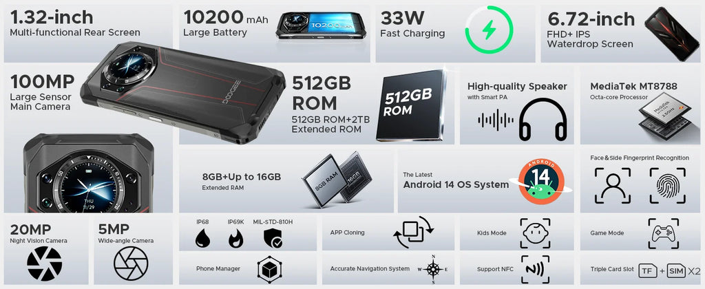 DOOGEE S119 Rugged Phone 1.32" Rear Display 6.72" 32GB(8+24) 512GB 100MP Main Camera 10200mAh Large Battery NFC Cellphone