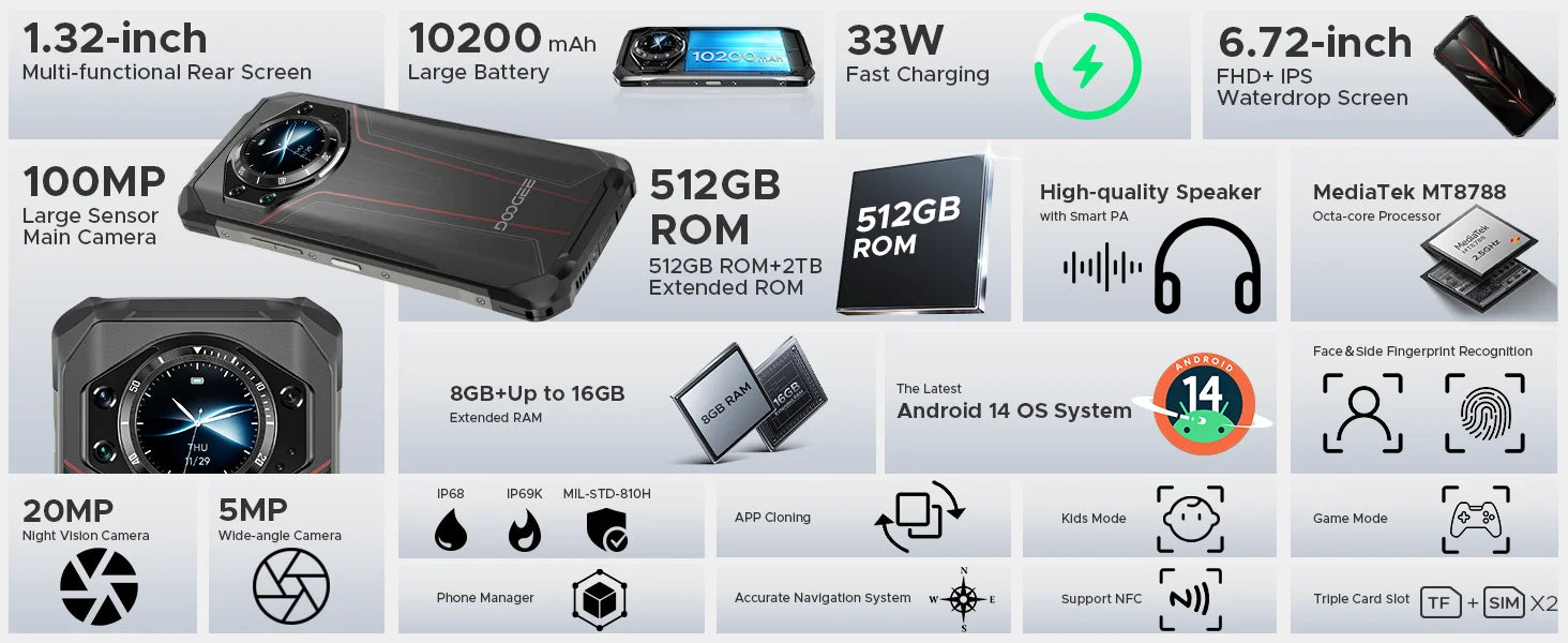DOOGEE S119 Rugged Phone 1.32" Rear Display 6.72" 32GB(8+24) 512GB 100MP Main Camera 10200mAh Large Battery NFC Cellphone