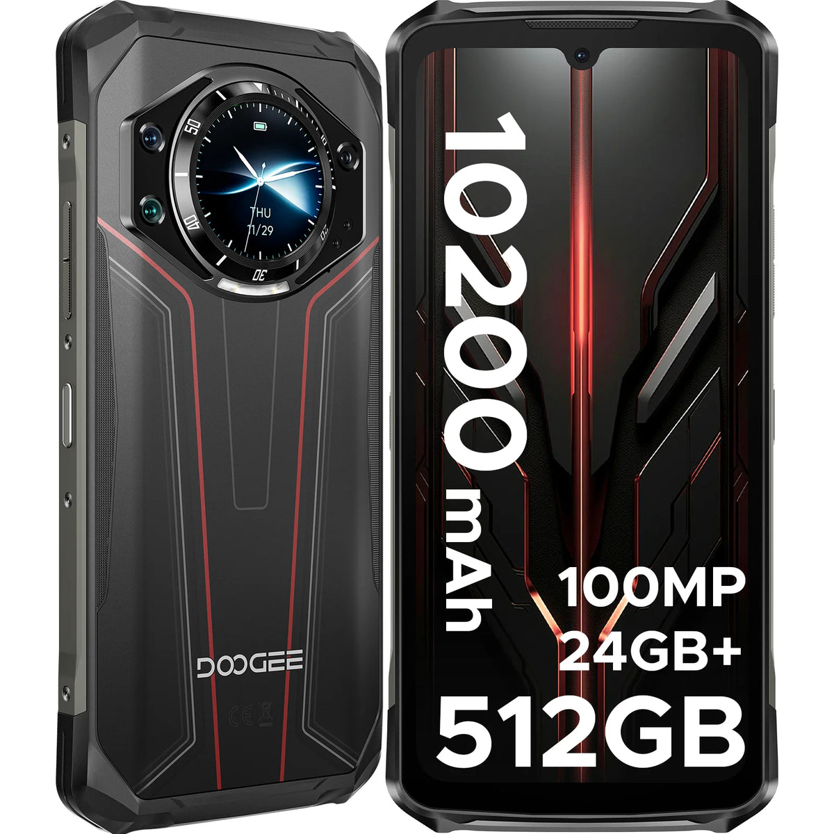DOOGEE S119 Rugged Phone 1.32" Rear Display 6.72" 32GB(8+24) 512GB 100MP Main Camera 10200mAh Large Battery NFC Cellphone