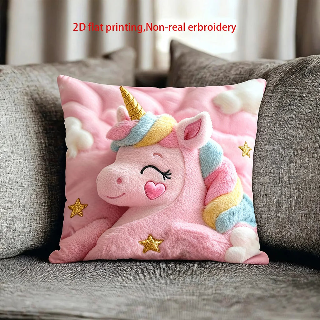 [Unicorn Pillowcase] A Cute Unicorn Pillowcase with a Rainbow Tail And Stars, Featuring a Pink Print on One Sid