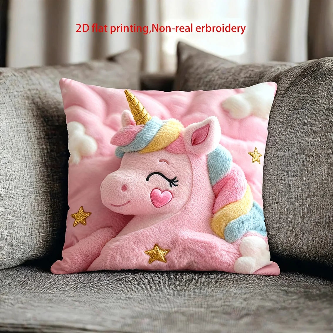 [Unicorn Pillowcase] A Cute Unicorn Pillowcase with a Rainbow Tail And Stars, Featuring a Pink Print on One Sid