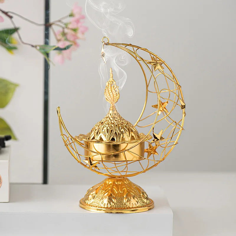Middle Eastern Hand-held Crescent Metal Incense Burner Golden Living Room Tabletop Incense Burners Arabic Ornament