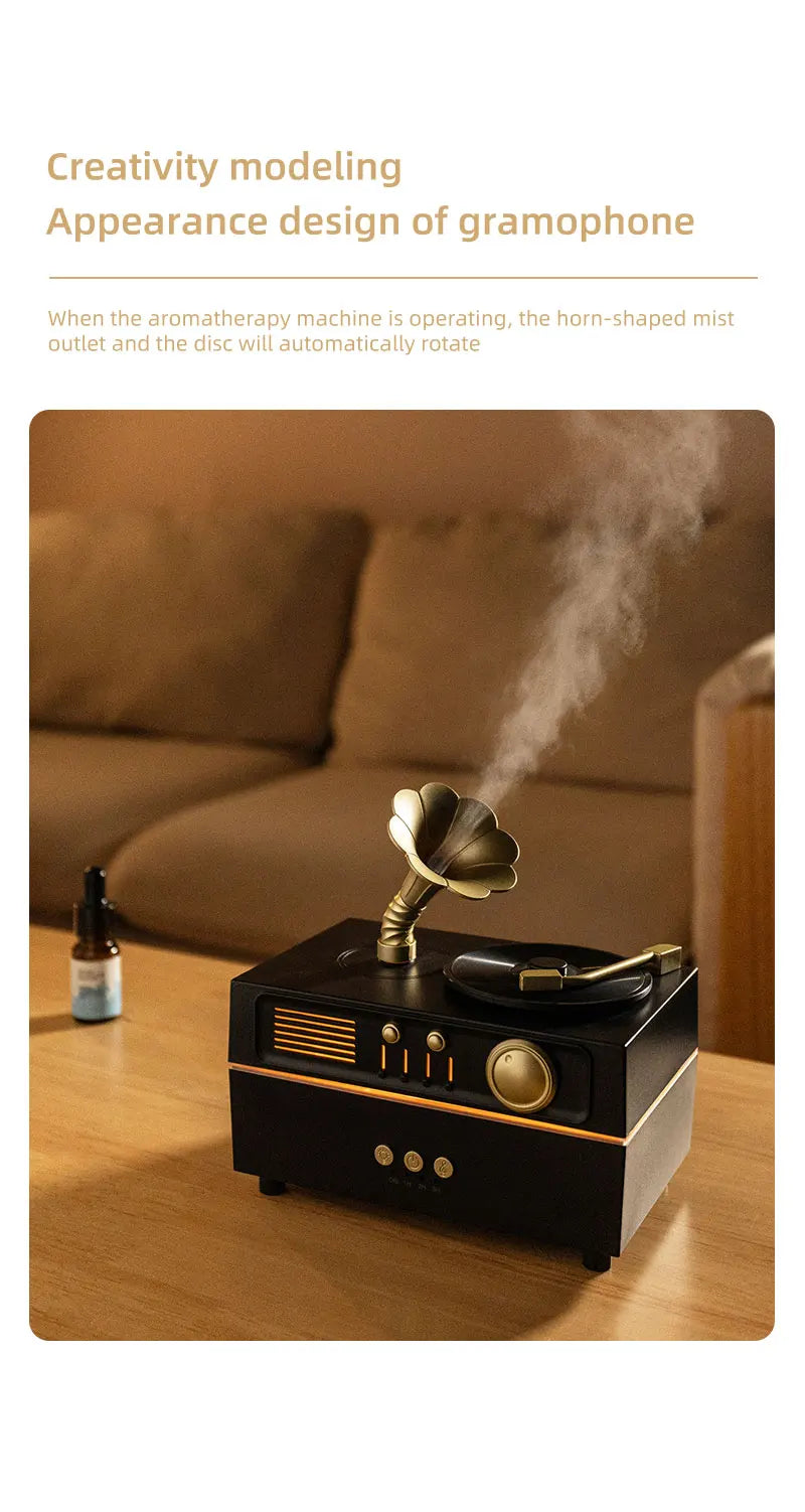 5V Retro Phonograph Bluetooth Speaker Humidifier Ultrasonic Aroma Diffuser Rotating Colorful Light Remote Essential Oil Atomizer