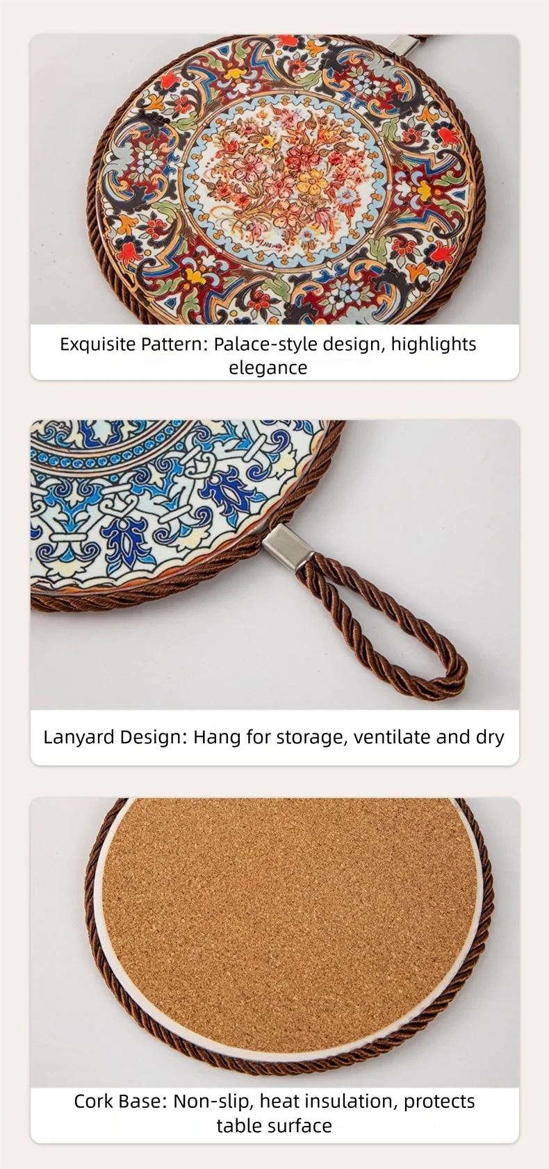 HeMu Bohemian Style Ceramic Pot Holders,Mandala Pattern Heat Resistant Trivets,Hanging Kitchen Coasters with Rope for Hot Dishes