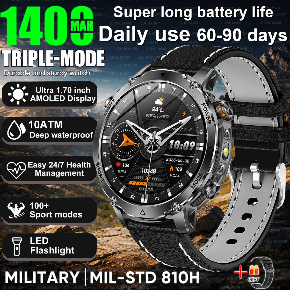 2026 Hot New 1400mAh Extra-Large Battery SmartWatch Men Military Outdoor SOS Flashlight  Waterproof Heart Rate Sports Smartwatch