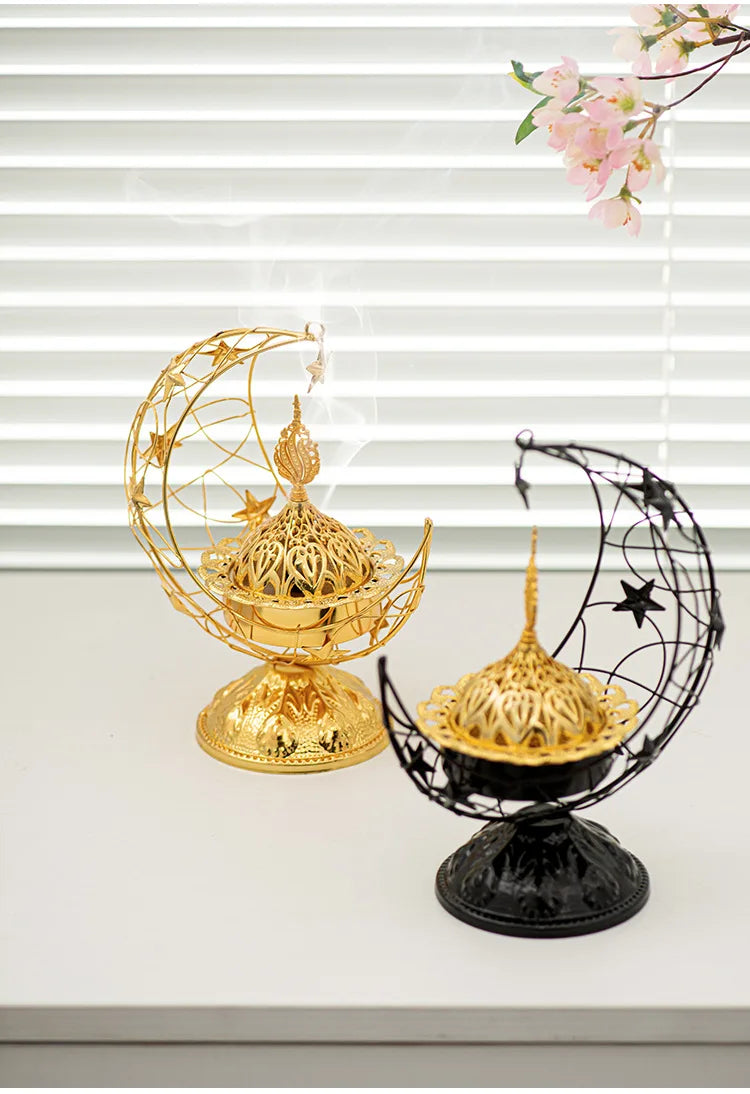 Middle Eastern Hand-held Crescent Metal Incense Burner Golden Living Room Tabletop Incense Burners Arabic Ornament