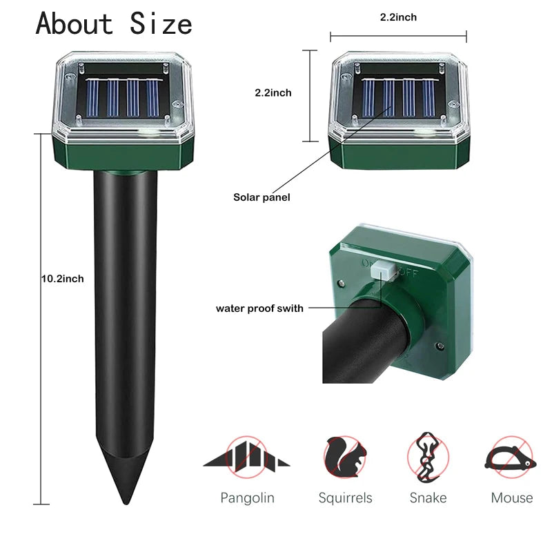 2Pcs Solar Outdoor Mole Groundhog Repellent Stakes Ultrasonic Gopher Repeller Vole Deterrent Waterproof Sonic Repellent Spikes