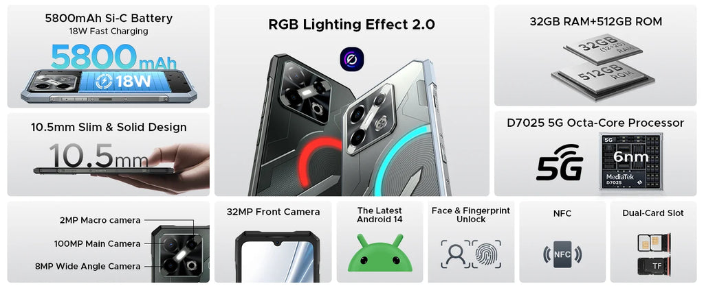 DOOGEE Blade GT Pro 5G Rugged Phone LED light Effect 6.72'' 120Hz 32GB(12+20) 512GB 10.5mm Ultra-thin 100MP AI Camera Smartphone