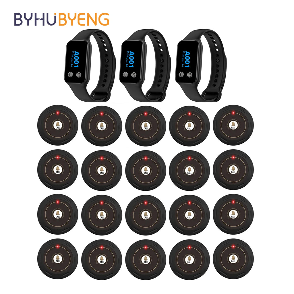 Byhubyeng Cafe Waiter Service Buzzer 20 Restaurant Table Call Button Transmitter 3 Watch Waiter Pager Wireless Calling System