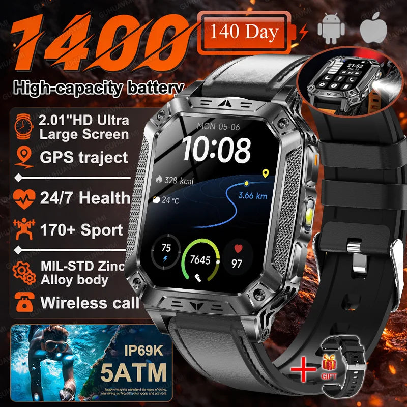 2026 Military 5ATM Waterproof Smart Watch Men 1400mAh Battery GPS Tracks 2.01" HD AMOLED Bluetooth call Sport Fitness Smartwatch