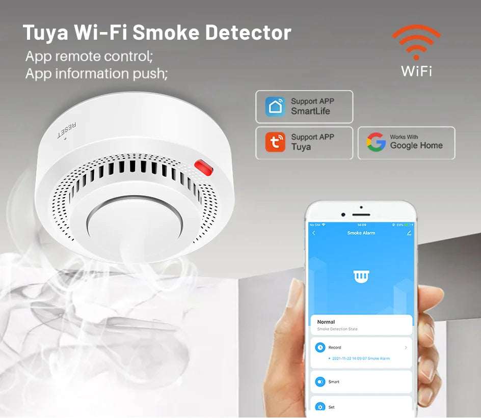 360° Comprehensive Detection, Tuya Smart WiFi Smoke Detector, Remote Monitoring Of Home Safety, Compatible With Alexa And Google